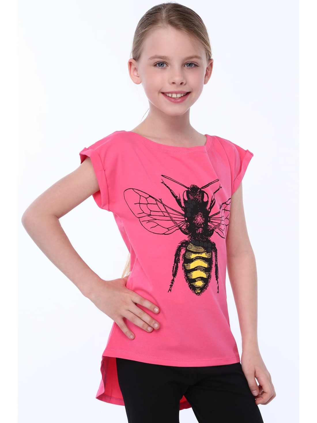 Girls\' T-shirt with a bee, amaranth NDZ8211 - Online store - Boutique